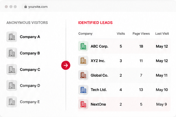Anonymous visitors identified as companies with visit and page view stats