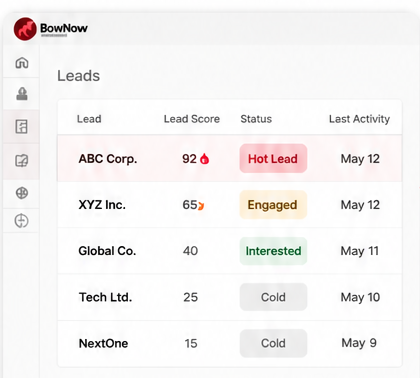 BowNow leads dashboard with lead scores and status